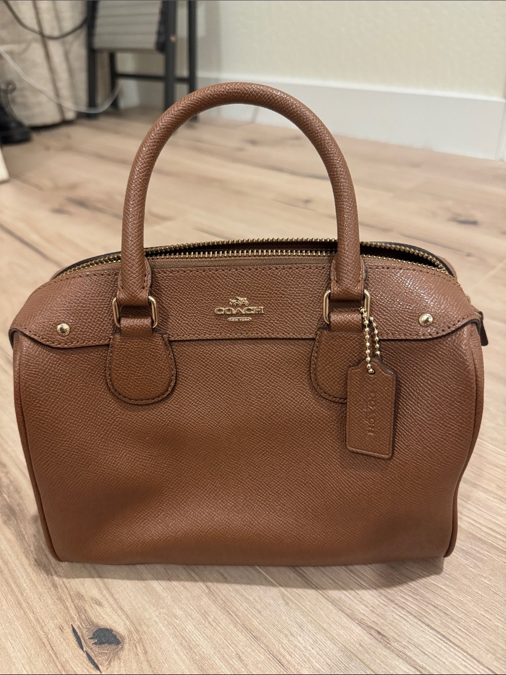 COACH Brown Saffiano Leather Satchel with Gold Hardware